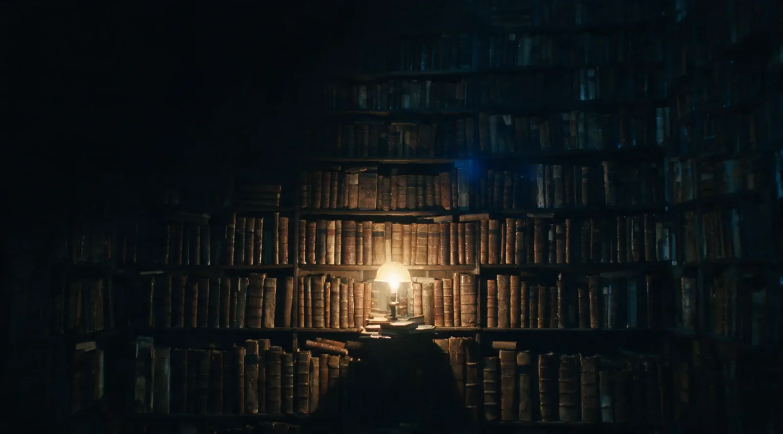 A wall of old leather-bound books in a dark study, one reading lamp at the centre lighting a few shelves