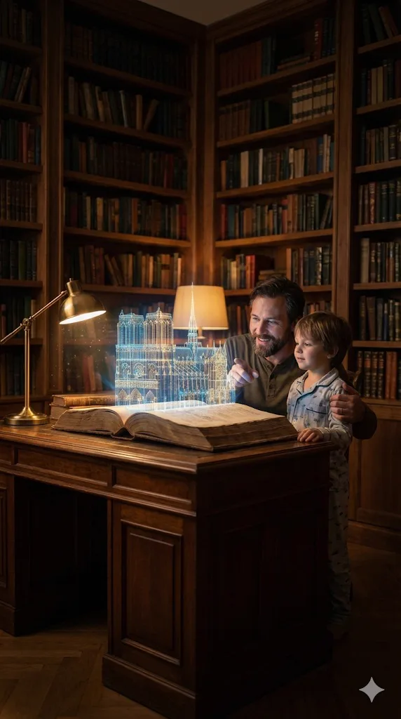 A father holding his young son in a dim, book-filled study at night, both smiling as they look at a glowing blue digital hologram of a gothic cathedral rising from an open antique book on a desk