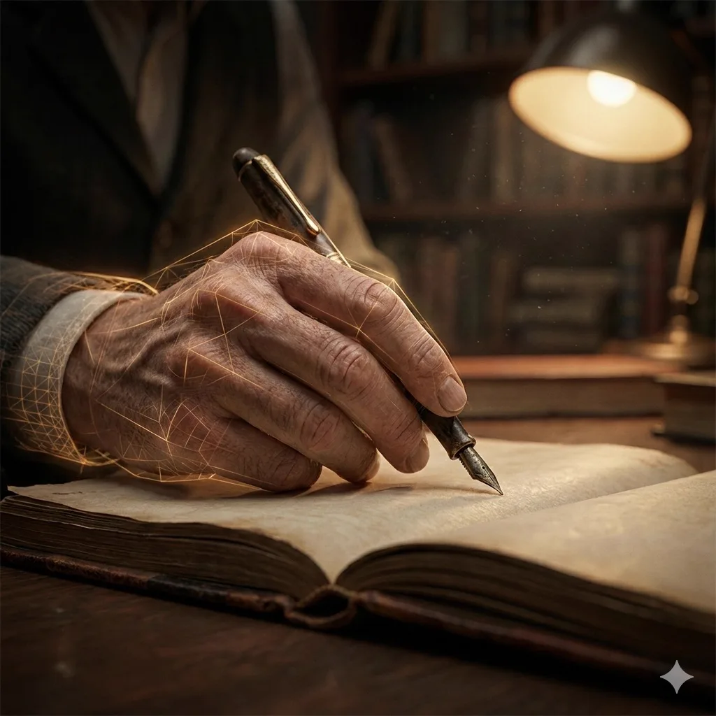 A close-up photograph of a weathered human hand using a fountain pen to write in an old journal, surrounded by a glowing orange geometric wireframe indicating a digital assistive structure.