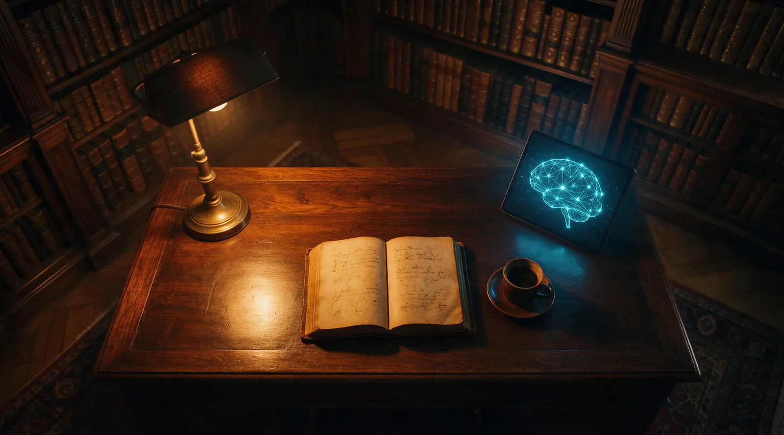 A top-down view of a wooden desk showing an open antique book with handwritten notes next to a coffee cup, alongside a modern tablet displaying a glowing digital blueprint of a brain and network graph.