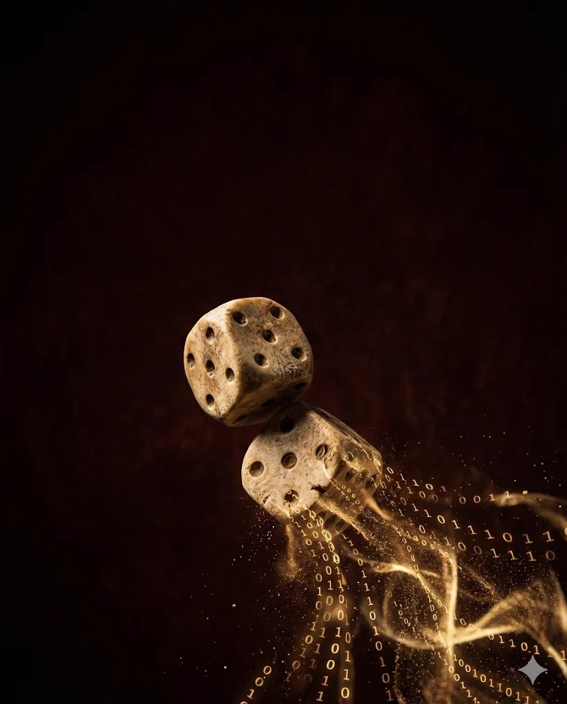 Two aged bone dice tumbling through a dark void, breaking apart into streams of glowing golden binary code and light particles.